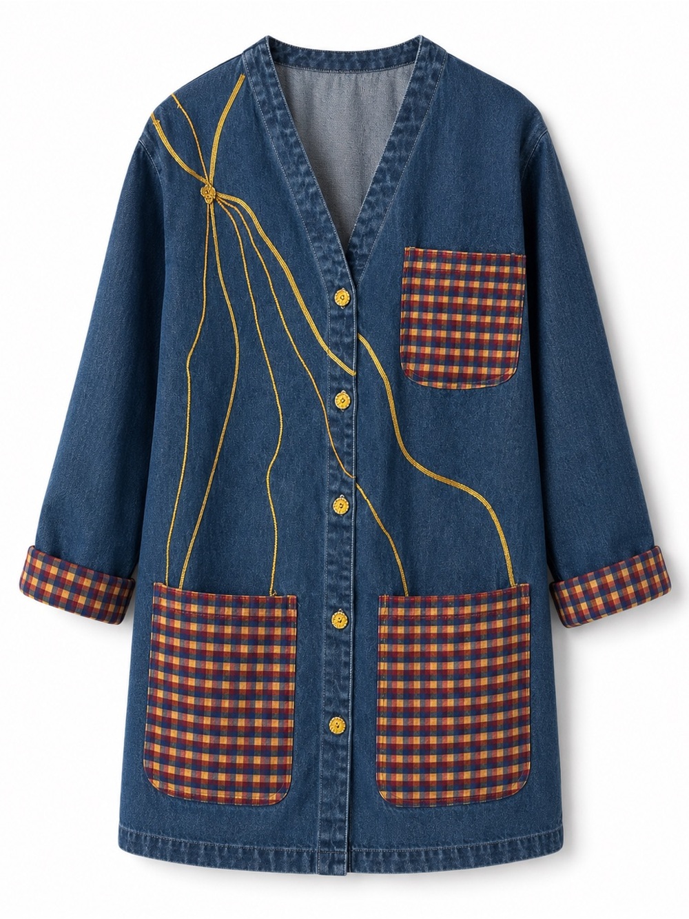 Vintage Blue Diamond Performer Denim Duster Jacket XL Plaid Patchwork Embroider